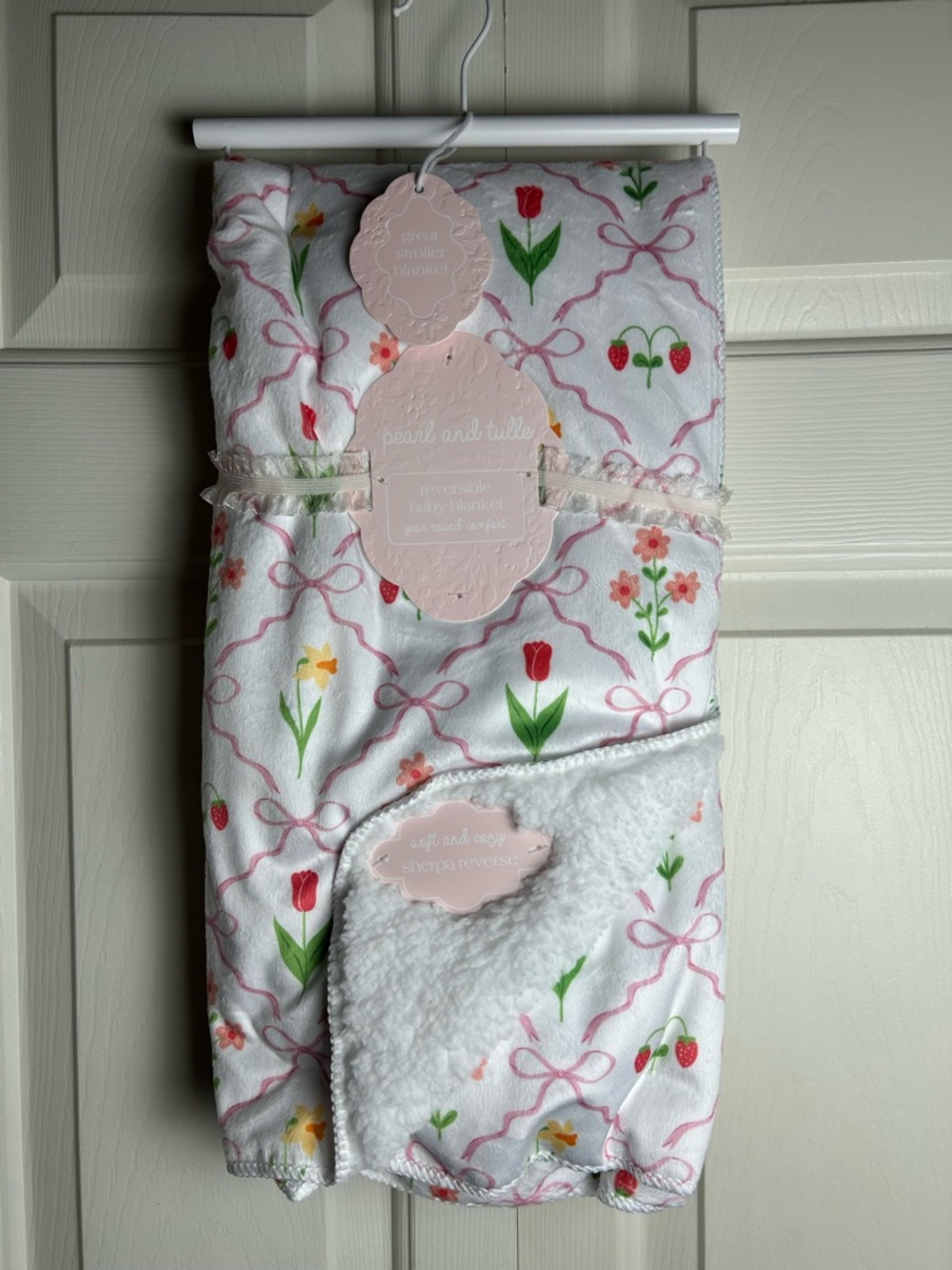 Pearl and Tulle Strawberry Floral Baby Blanket Pink White Bows SL Home Fashions